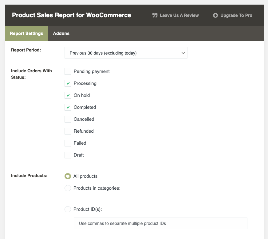 Product Sales Report for WooCommerce setup menu