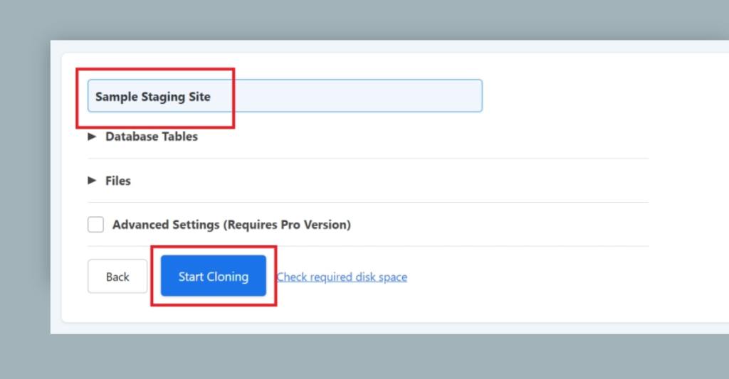 Add the name of the staging site and start cloning
