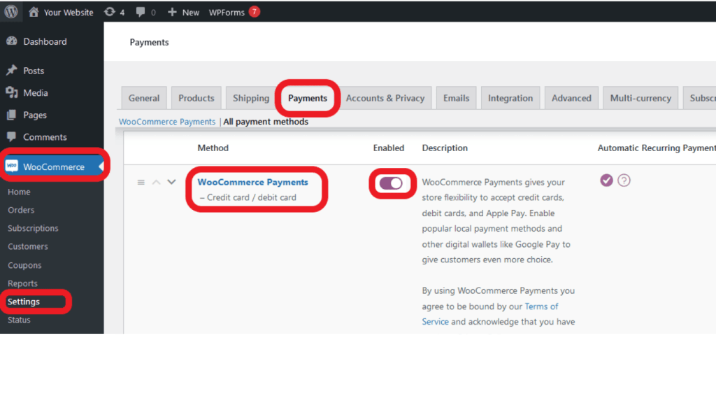 A screenshot of where to find and enable WooCommerce Payments from your WordPress dashboard.
