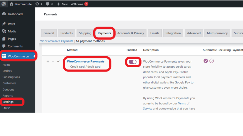 A screenshot of where to find and enable WooCommerce Payments from your WordPress dashboard.