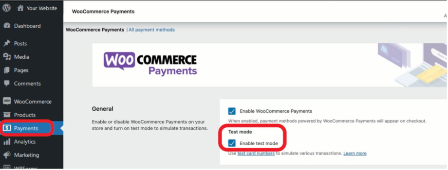 A screenshot of how to enable test mode for your WooCommerce website from the WordPress dashboard.
