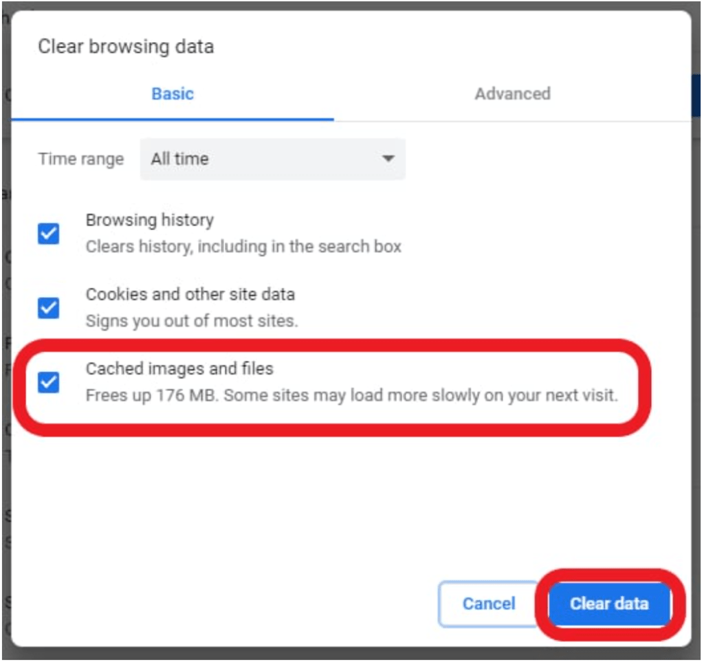 A screenshot of how to finalize clearing your browser’s caching from Google Chrome.