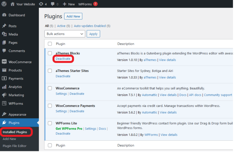 A screenshot of how to deactivate your plugins from your WordPress dashboard.
