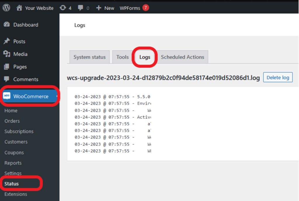 A screenshot of how to open your WooCommerce error logs from your WordPress dashboard.