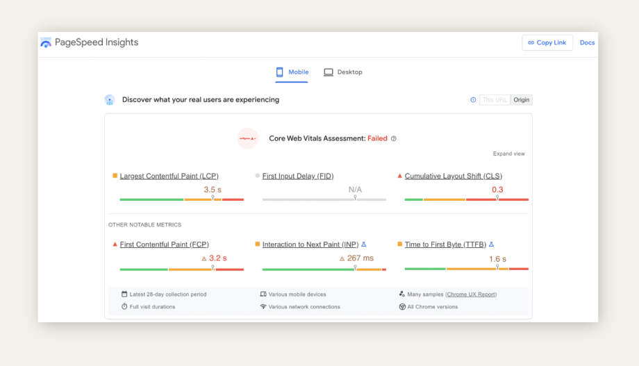 PageSpeed Insights provide analytics on page performance for mobile and desktop.