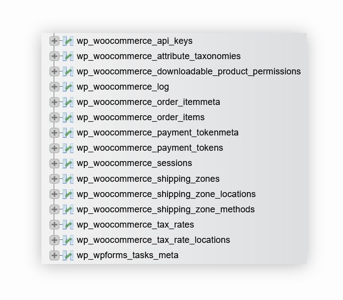 The tables that get automatically generated by WordPress when the WooCommerce plugin is installed.