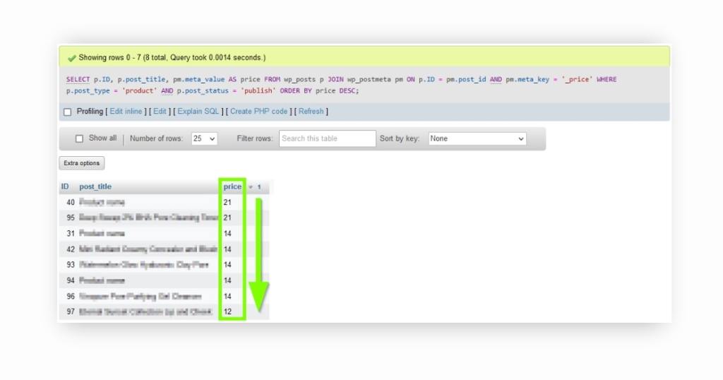 The output of the first searching and filtering SQL query using the ORDER BY and DESC clauses.