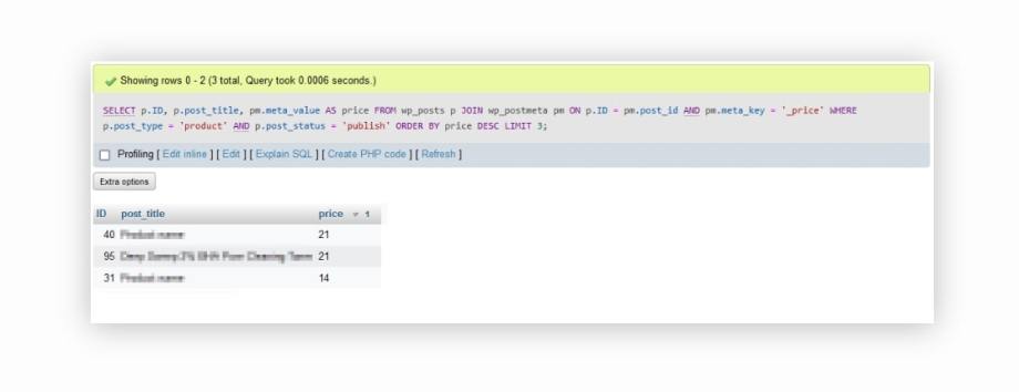 The output of the first searching and filtering SQL query using the LIMIT clause.