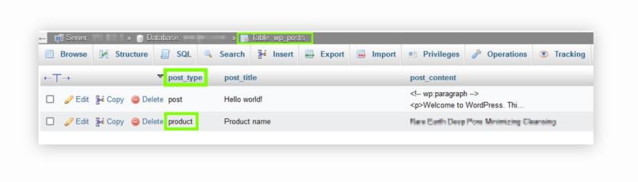 The wp-posts table on phpMyAdmin showing the post_type of the WooCommerce products in the database.