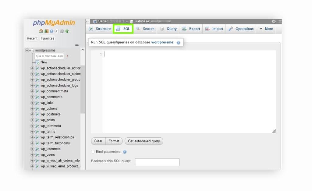 phpMyAdmin SQL query window.