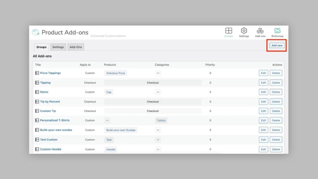 Create a new add-on group with Product Manager Add-ons