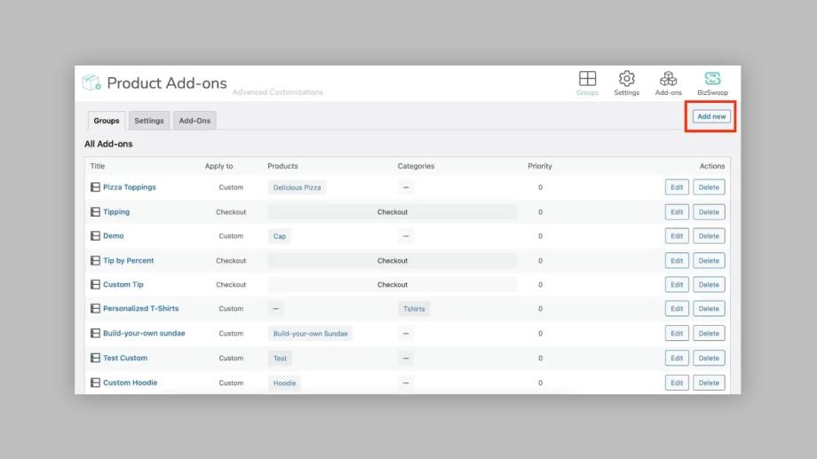 Create a new add-on group with Product Manager Add-ons