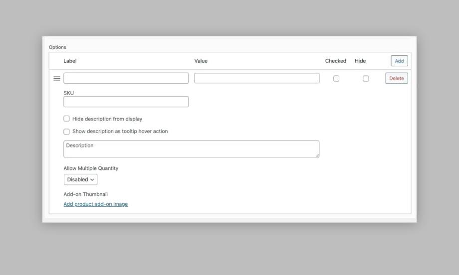 Add variable product details for an add-on using Product Manager Add-ons