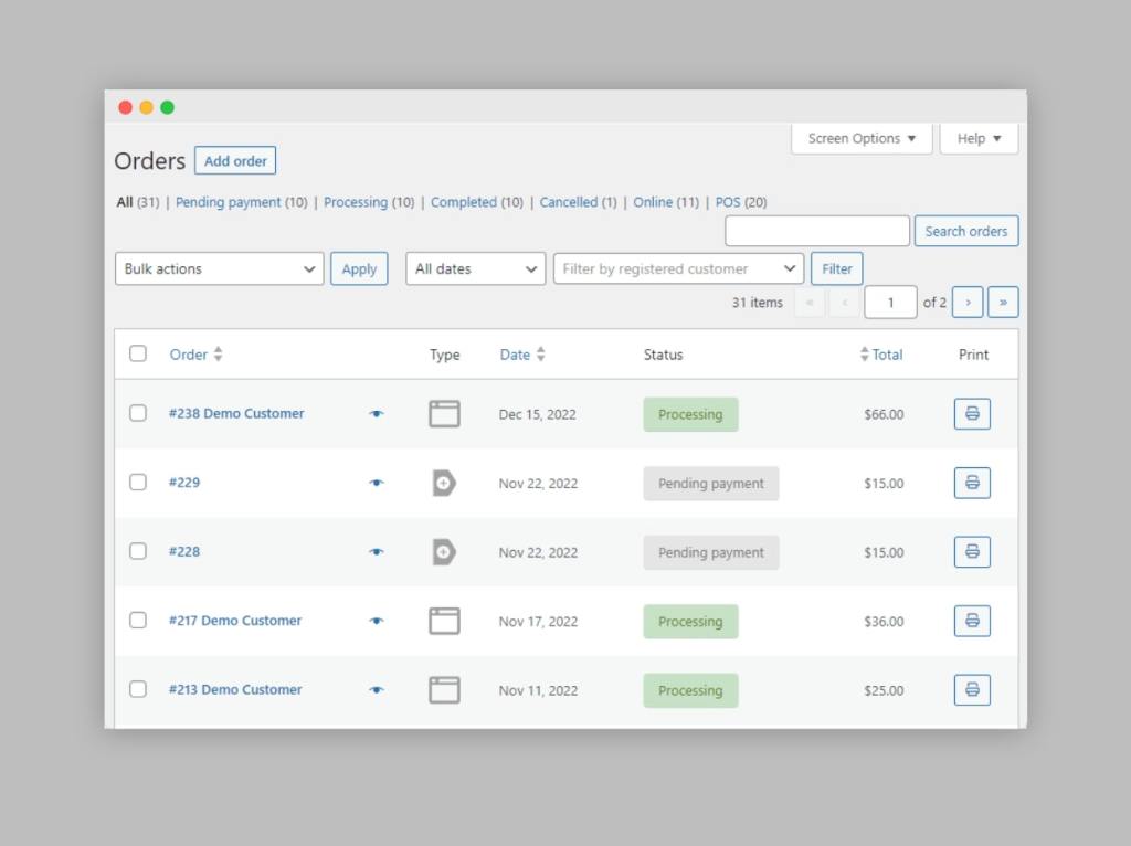 The WooCommerce “Orders” dashboard.