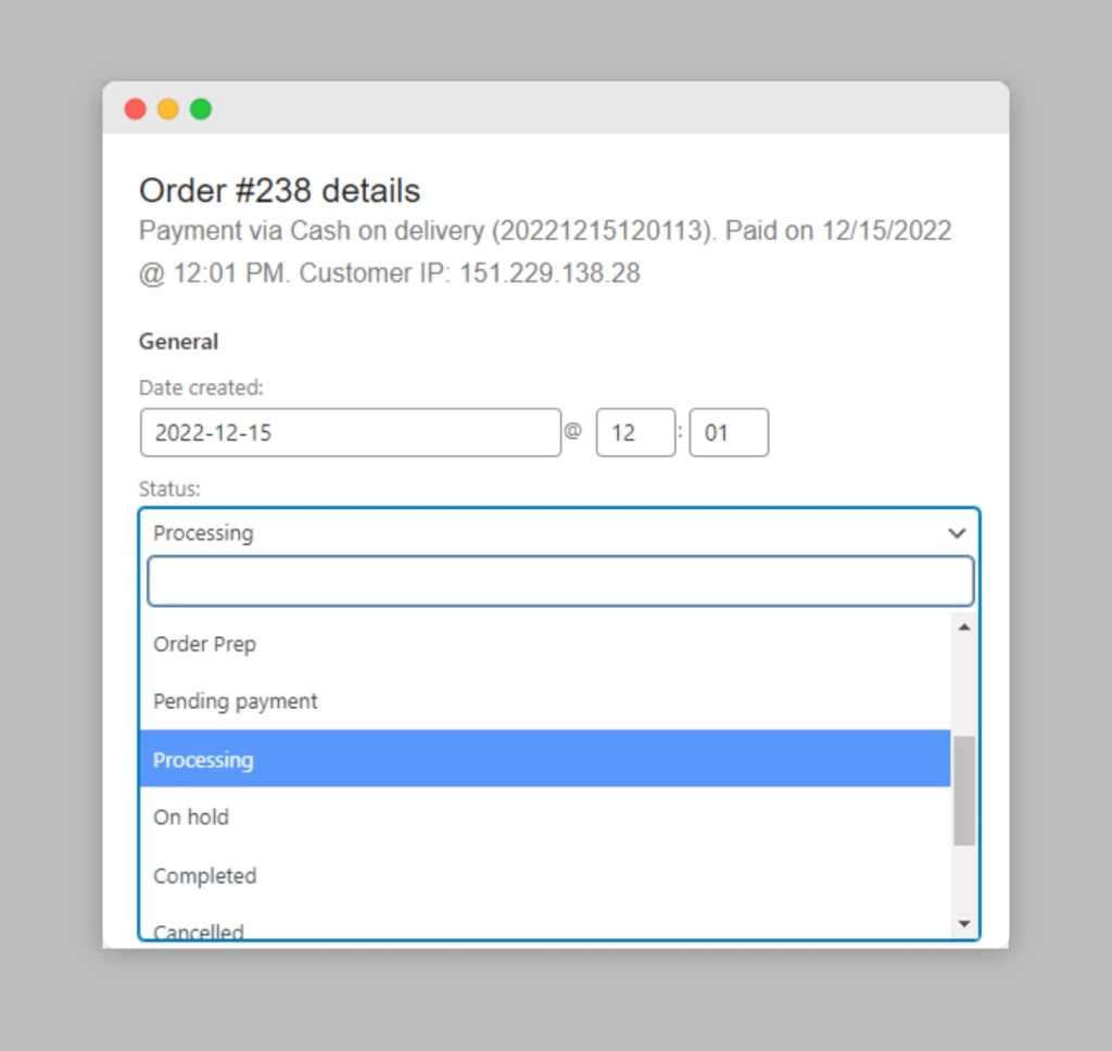 Cambiar el estado de un pedido individual en WooCommerce.