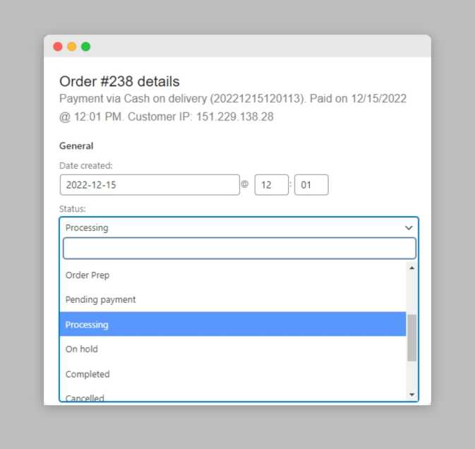 Changing the status of an individual order in WooCommerce.