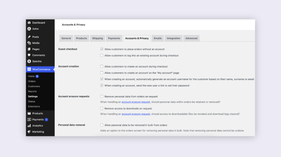 WooCommerce account and privacy settings tab