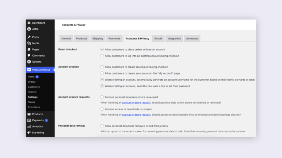 WooCommerce account and privacy settings tab