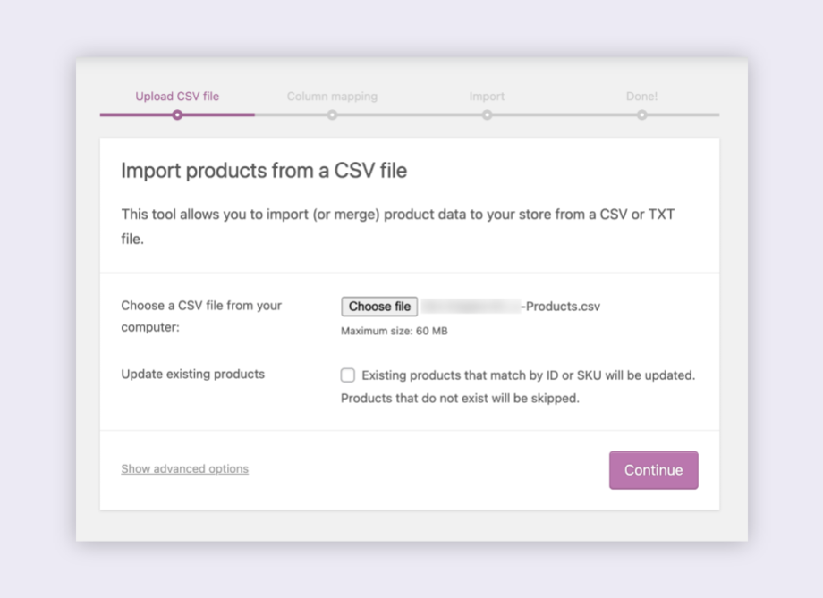 Import the final formatted CSV file into WooCommerce