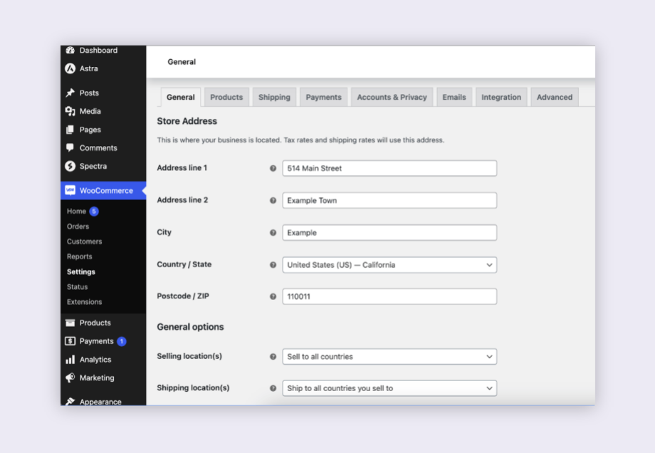 WooCommerce general settings for setting up store location and address