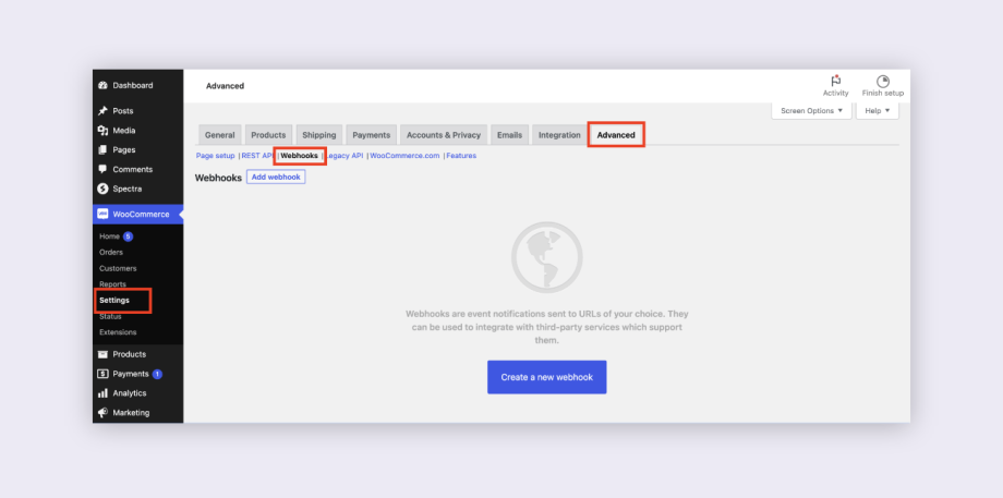 Navigate to WooCommerce settings to create webhooks