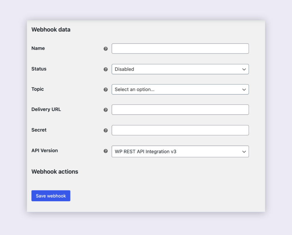 Open the webhook data box to start creating a new webhook