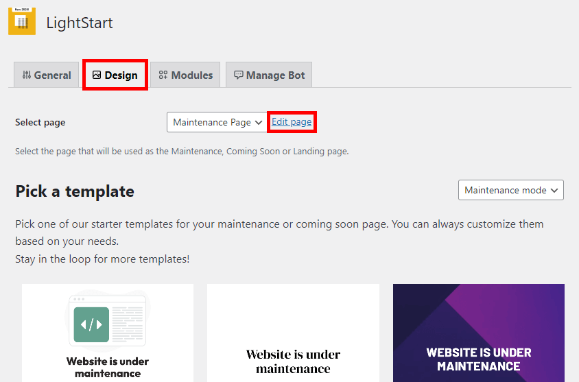 Editing the maintenance page in LightStart.