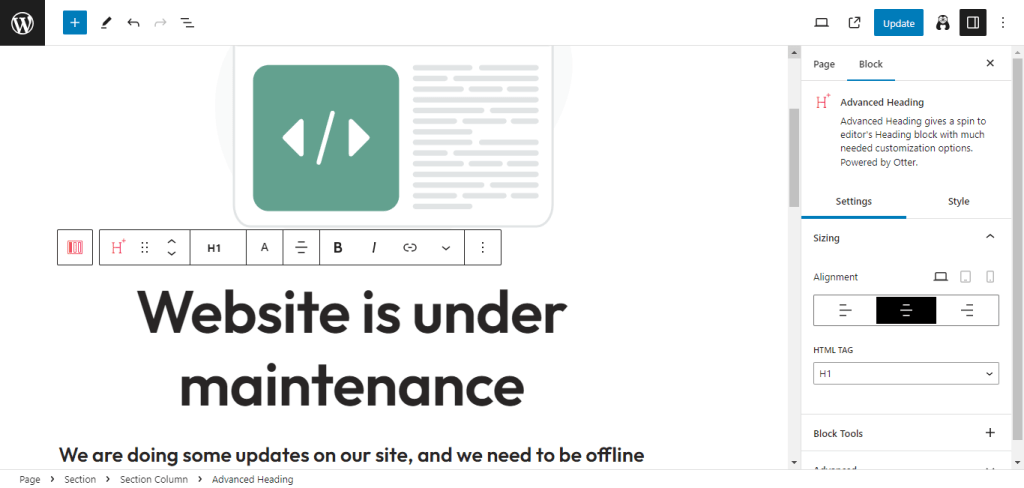 Editing the maintenance page in the Gutenberg block editor.