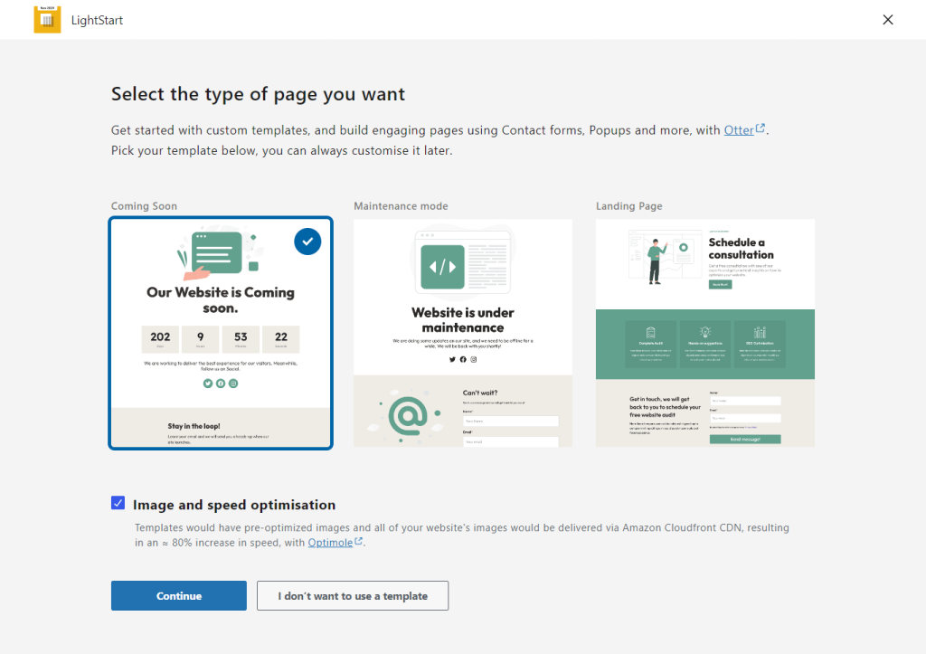 Choosing a template from LightStart.