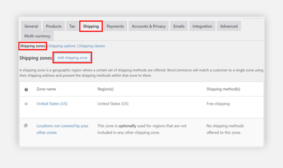 Adding shipping zone in WooCommerce.