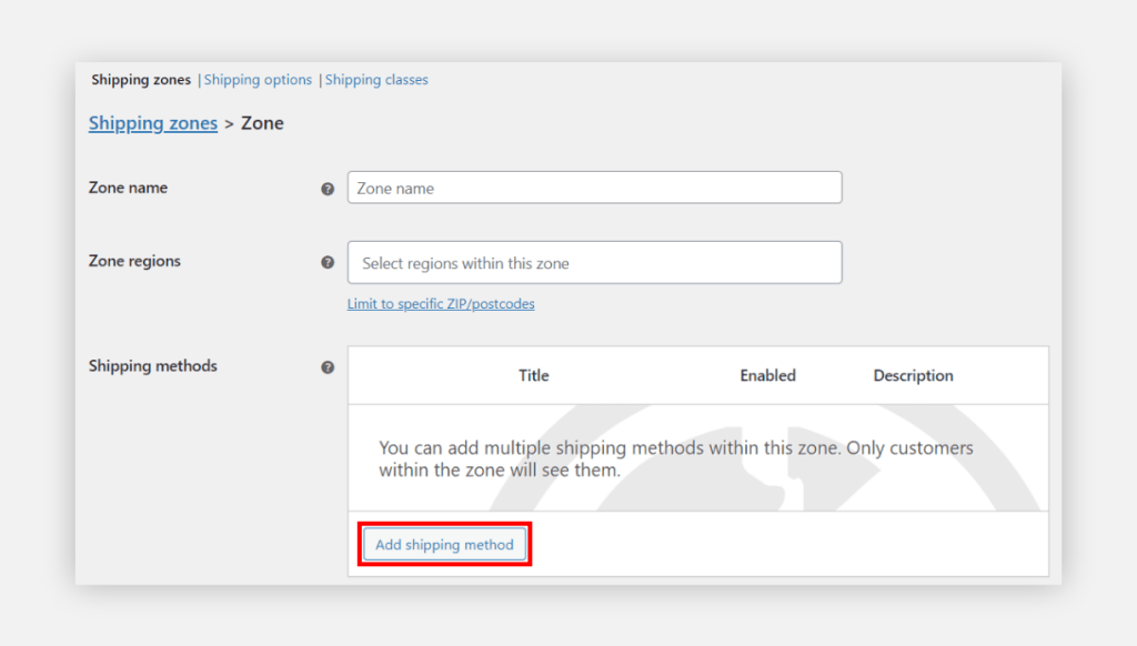 Adding a shipping method for a shipping zone in WooCommerce.