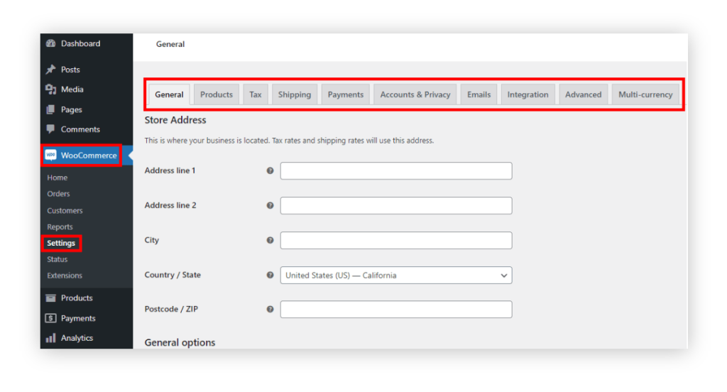 Configuring WooCommerce settings, including store address, currency, selling locations, etc.