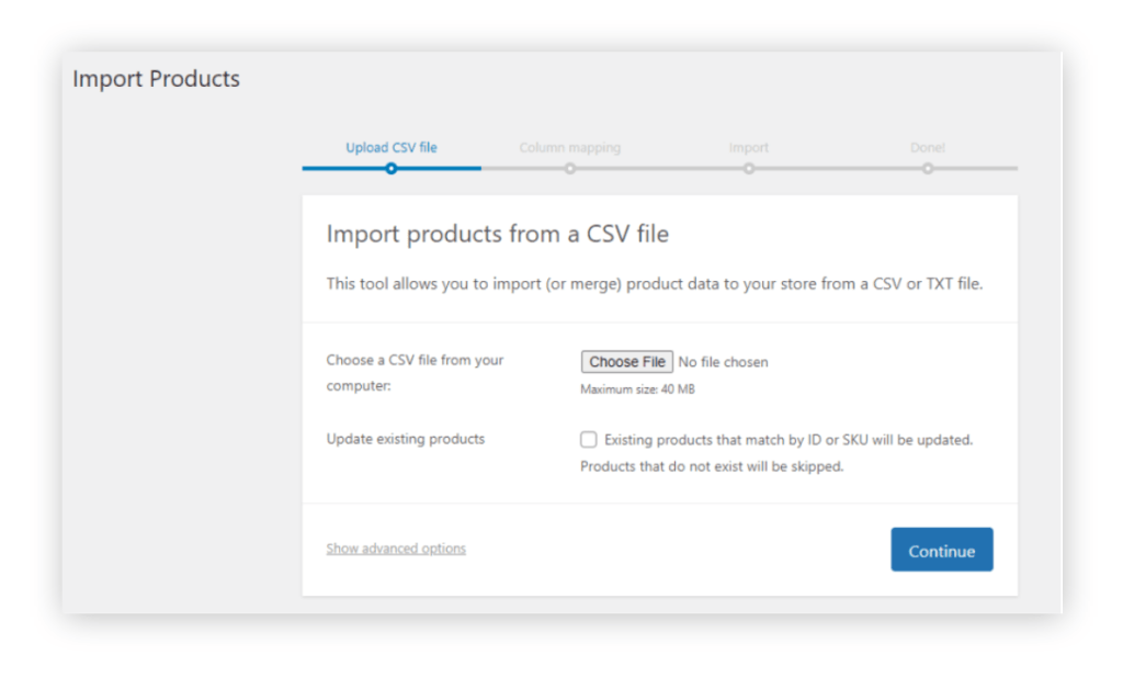 Using the WooCommerce Product Importer to import products in WooCommerce.