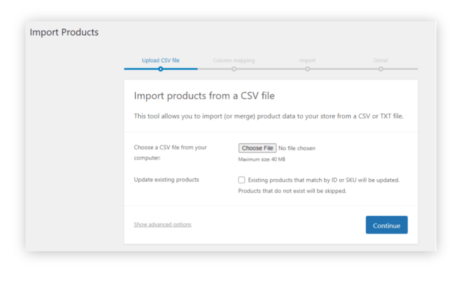 Using the WooCommerce Product Importer to import products in WooCommerce.