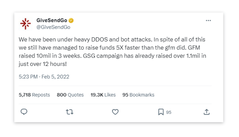 GiveSendGo announced they have been experiencing heavy DDoS and bot attacks on their X/Twitter page.