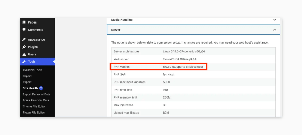 Check your PHP version on WordPress