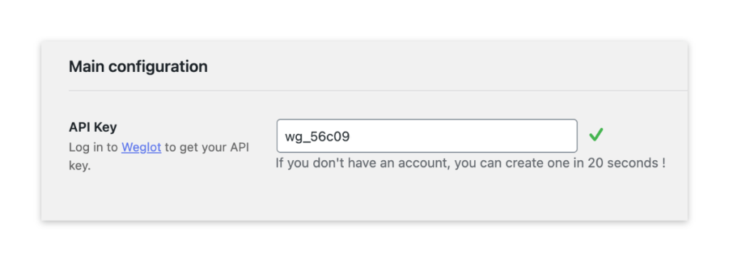 Input the API key from Weglot
