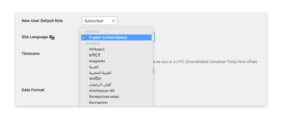 Changing the WordPress language from General Settings