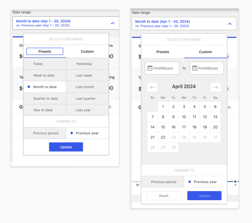 Preset date range picker for WooCommerce Analytics and Custom date range selection options