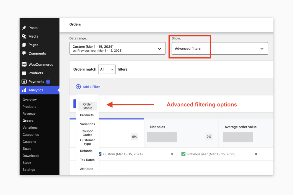 Advanced filtering options for WooCommerce Orders