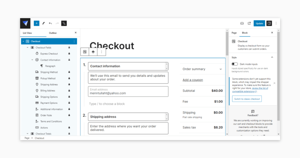 Editing the new checkout block.