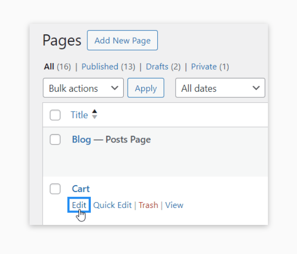 Open the editor for the cart page.