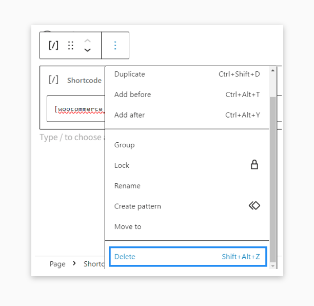 Deleting an existing cart shortcode.