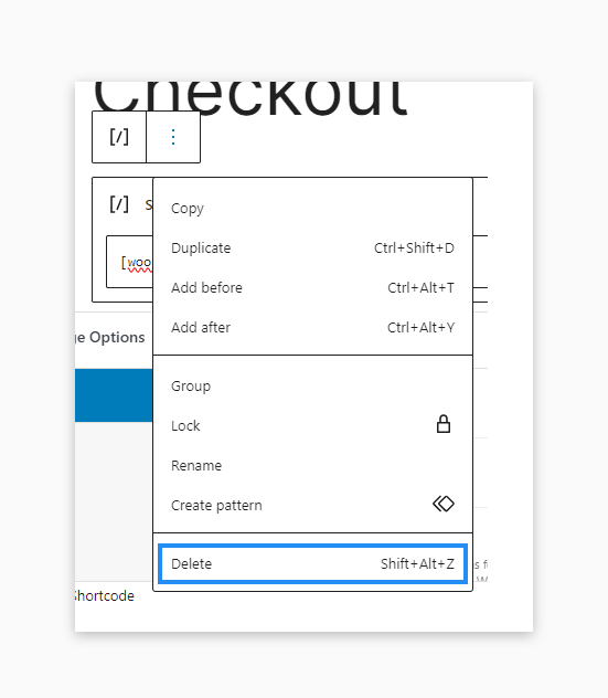 Deleting the old checkout shortcode.