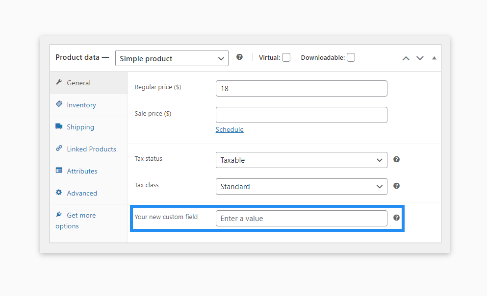 The result of adding a custom text input field in the product editing page.